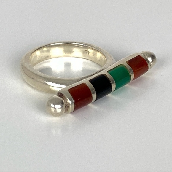 Jewelry - Sterling Silver Ring Multistone Bar Sz 7.5 Stamped 925 Red Green Black Vtg